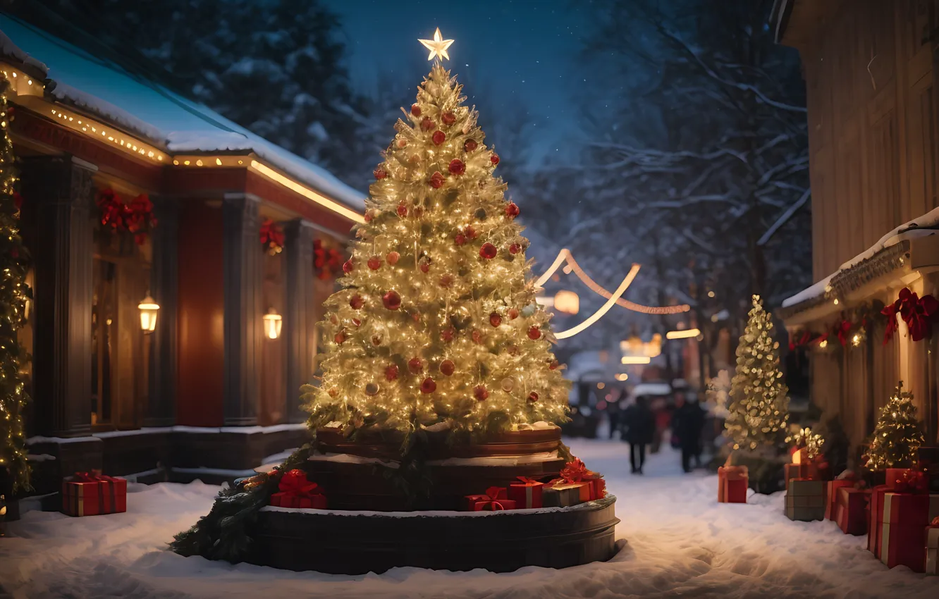 Photo wallpaper winter, snow, decoration, night, the city, lights, street, tree