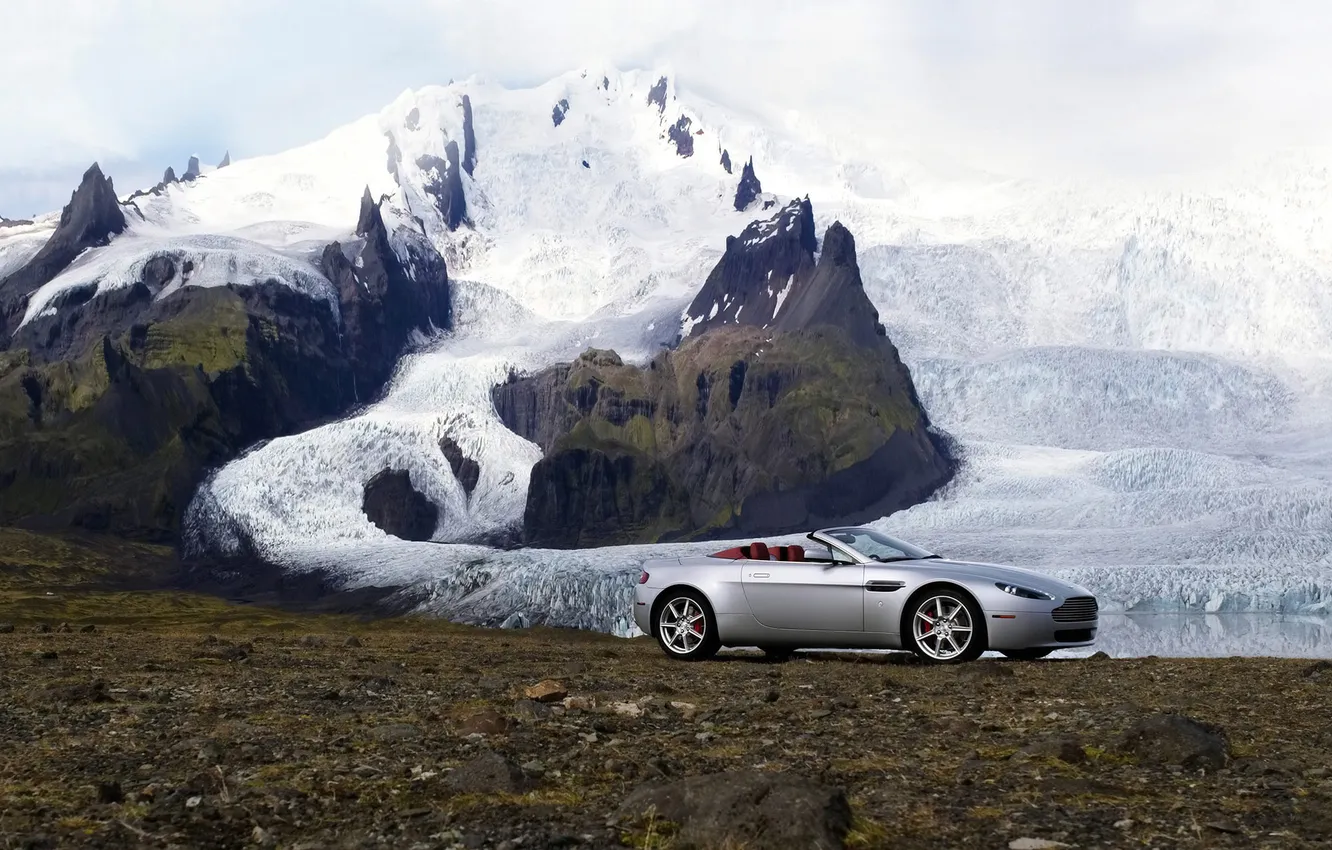 Photo wallpaper snow, mountains, Aston Martin, Roadster, Vantage, glacier, supercar, Roadster