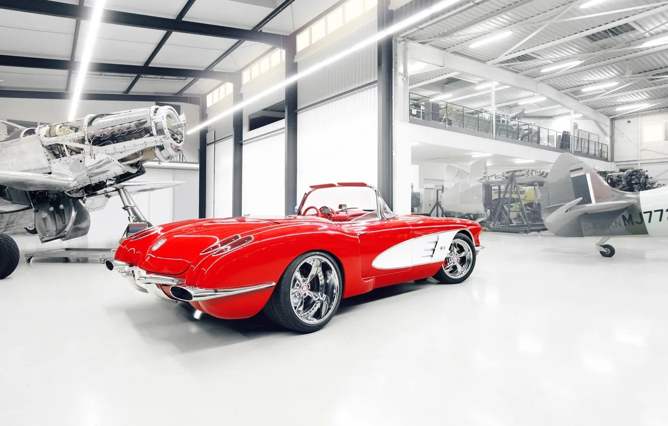 Photo wallpaper red, tuning, Corvette, Chevrolet, hangar, the plane, Chevrolet, drives