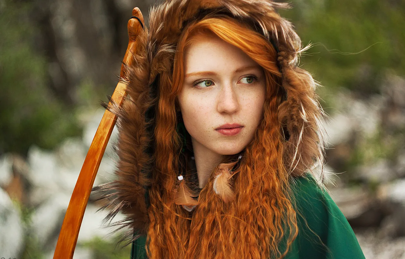 Photo wallpaper greens, look, girl, feathers, hood, redhead