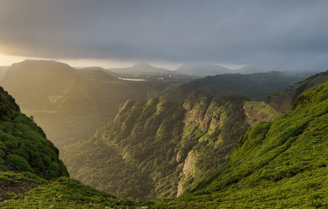 Photo wallpaper the storm, the sun, mountains, clouds, India, canyon, Lonavala, Tiger point