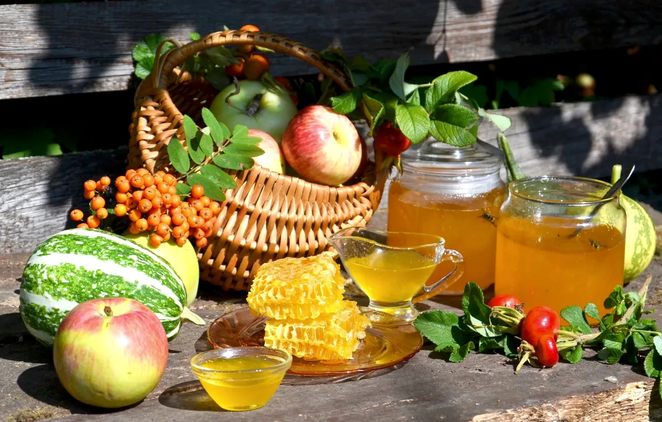 Photo wallpaper summer, apples, cell, honey, briar, pumpkin, fruit, vegetables