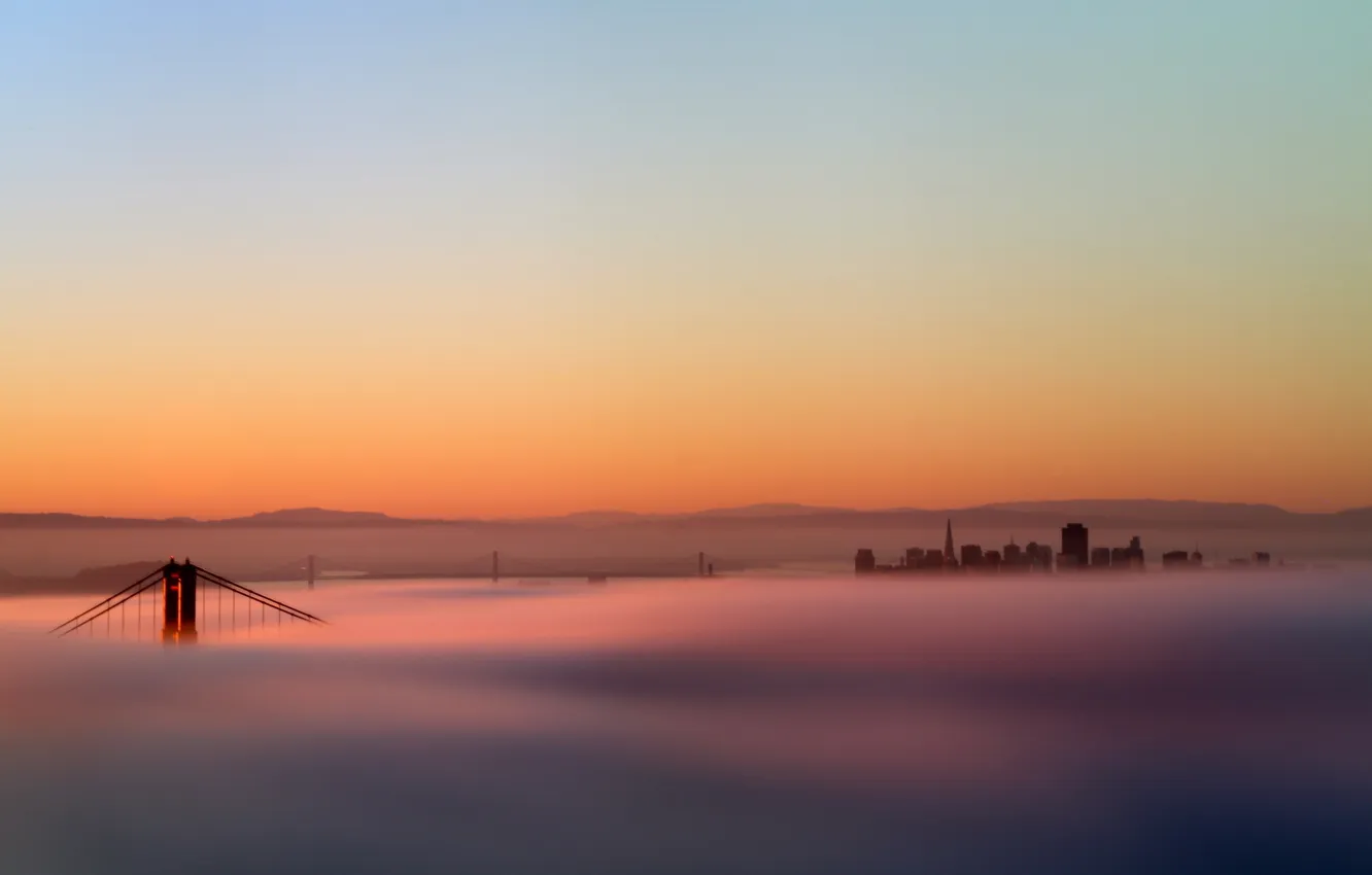 Photo wallpaper landscape, sunset, bridge, fog