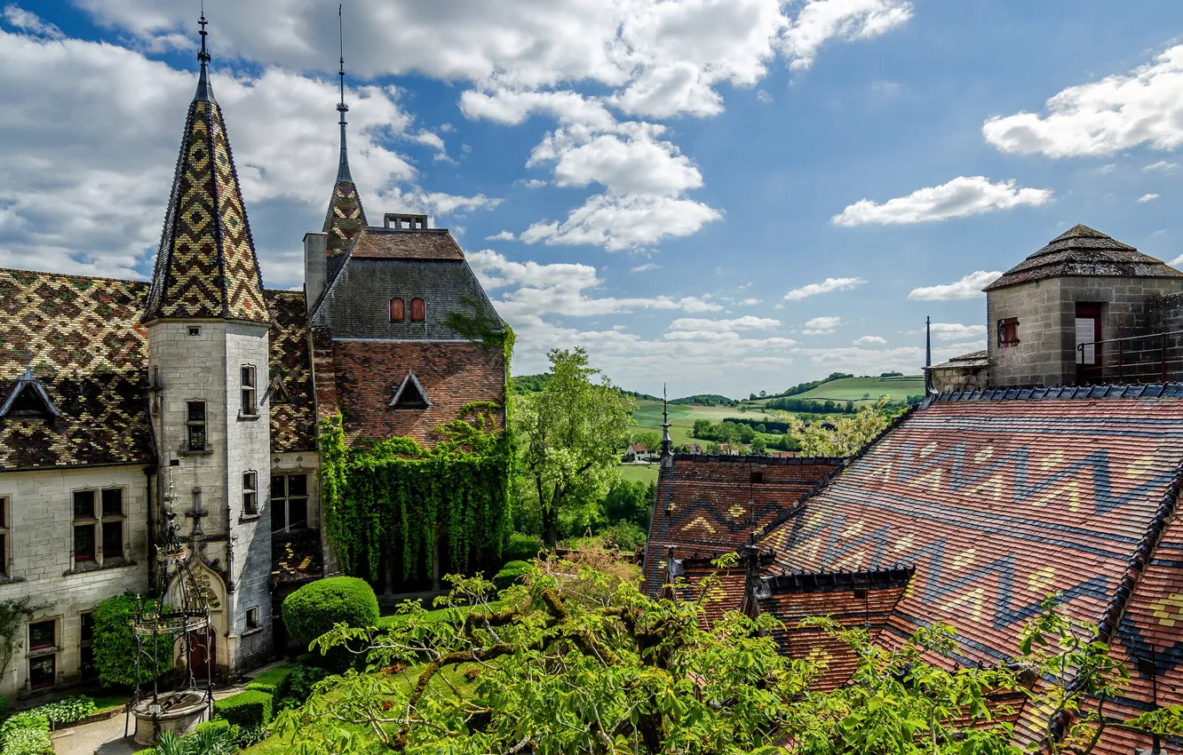Photo wallpaper roof, the sky, trees, hills, home, yard, tile