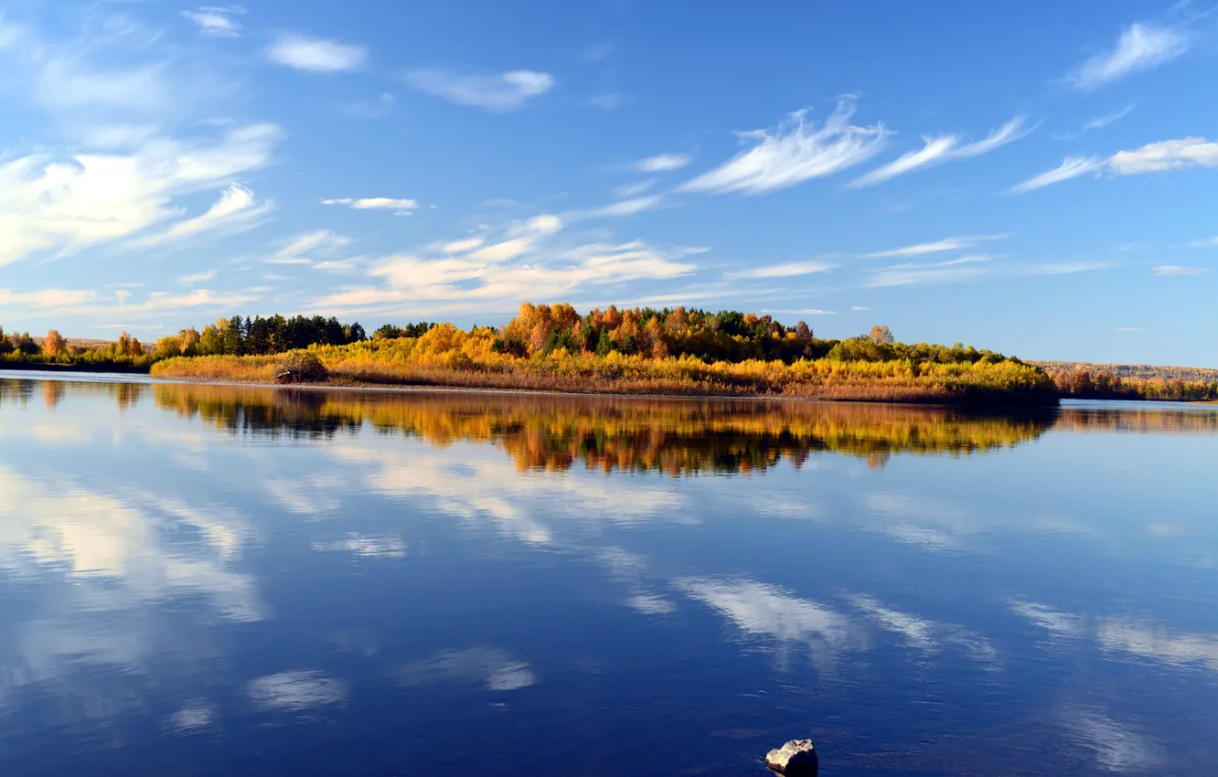 Photo wallpaper autumn, the sky, water, clouds, landscape, reflection, river, blue