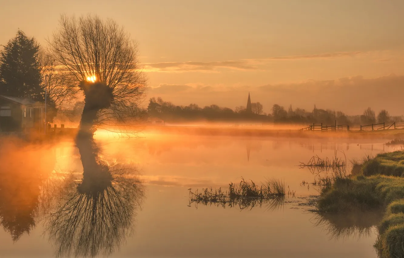 Photo wallpaper sunset, fog, river