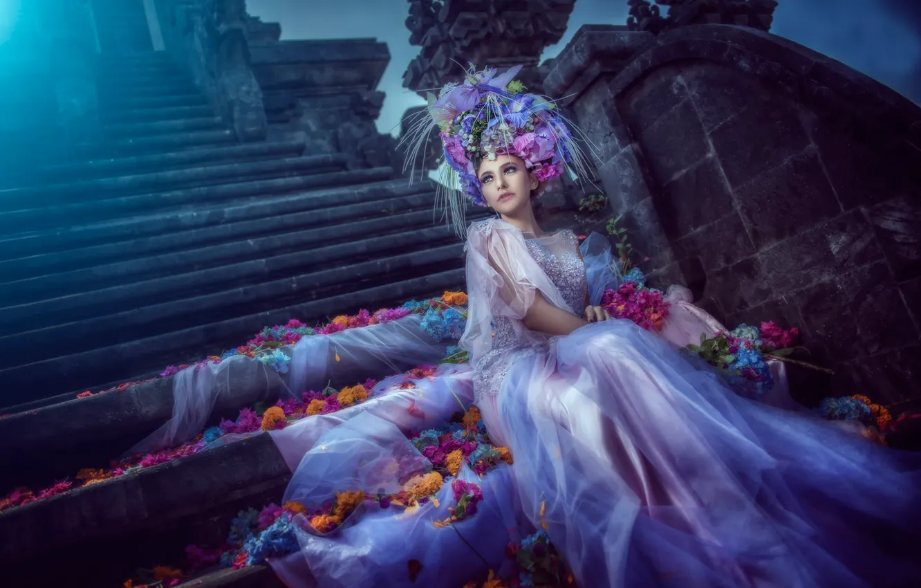 Photo wallpaper flowers, petals, dress, art, moonlight, the bride, blue moon