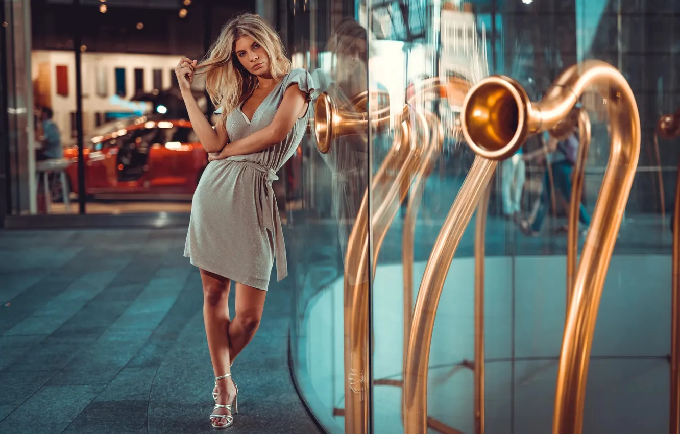 Photo wallpaper reflection, Girl, dress, blonde, shoes, legs, Sofy, Marco Squassina