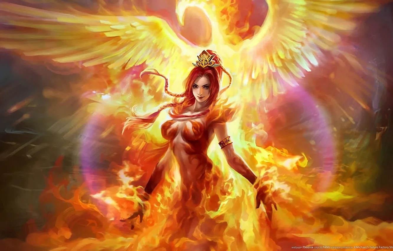 Photo wallpaper fire, fire, dota, phoenix, character, dota 2, lina