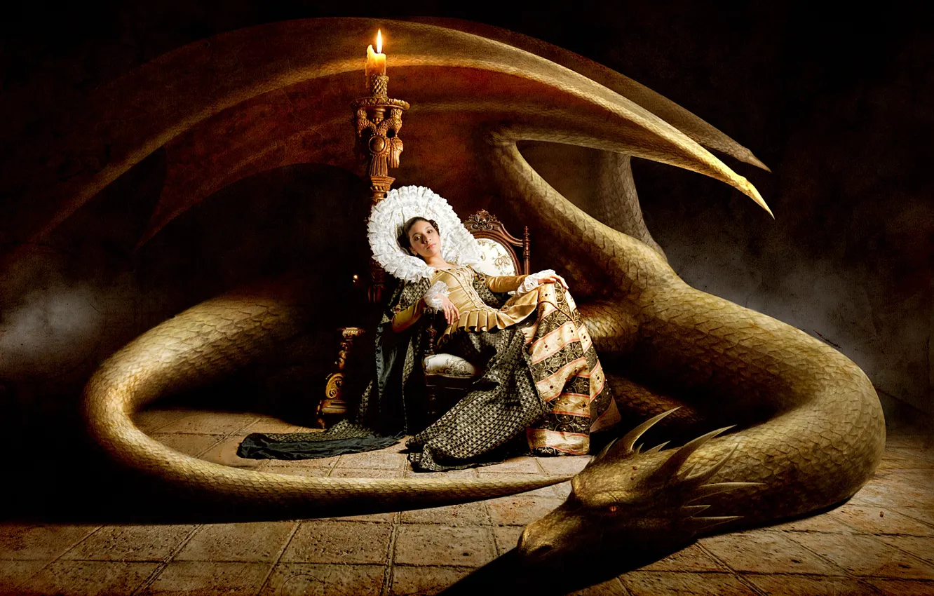 Photo wallpaper girl, darkness, candle, chair, Dragon, dress, sitting