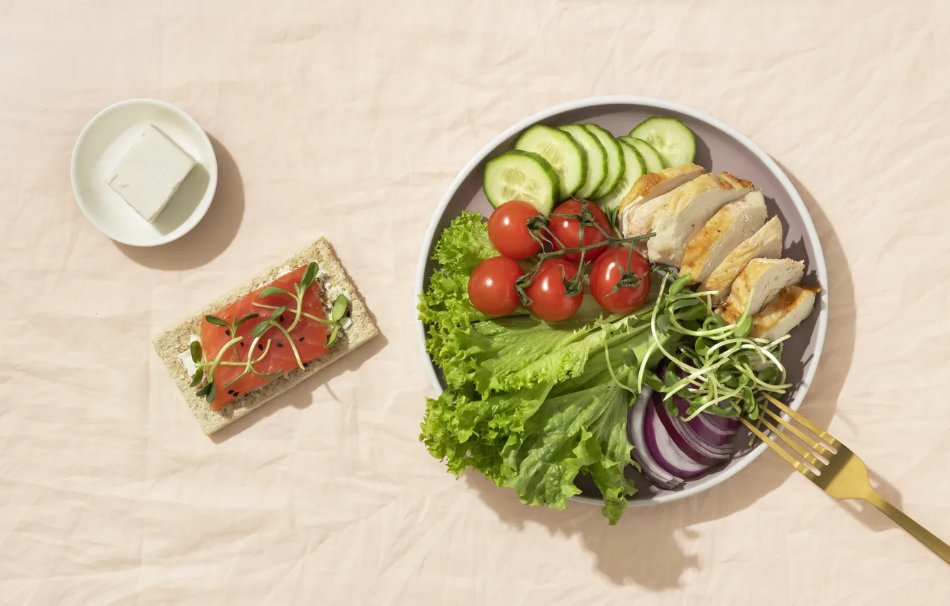 Photo wallpaper table, food, plate, vegetables, salad, submission