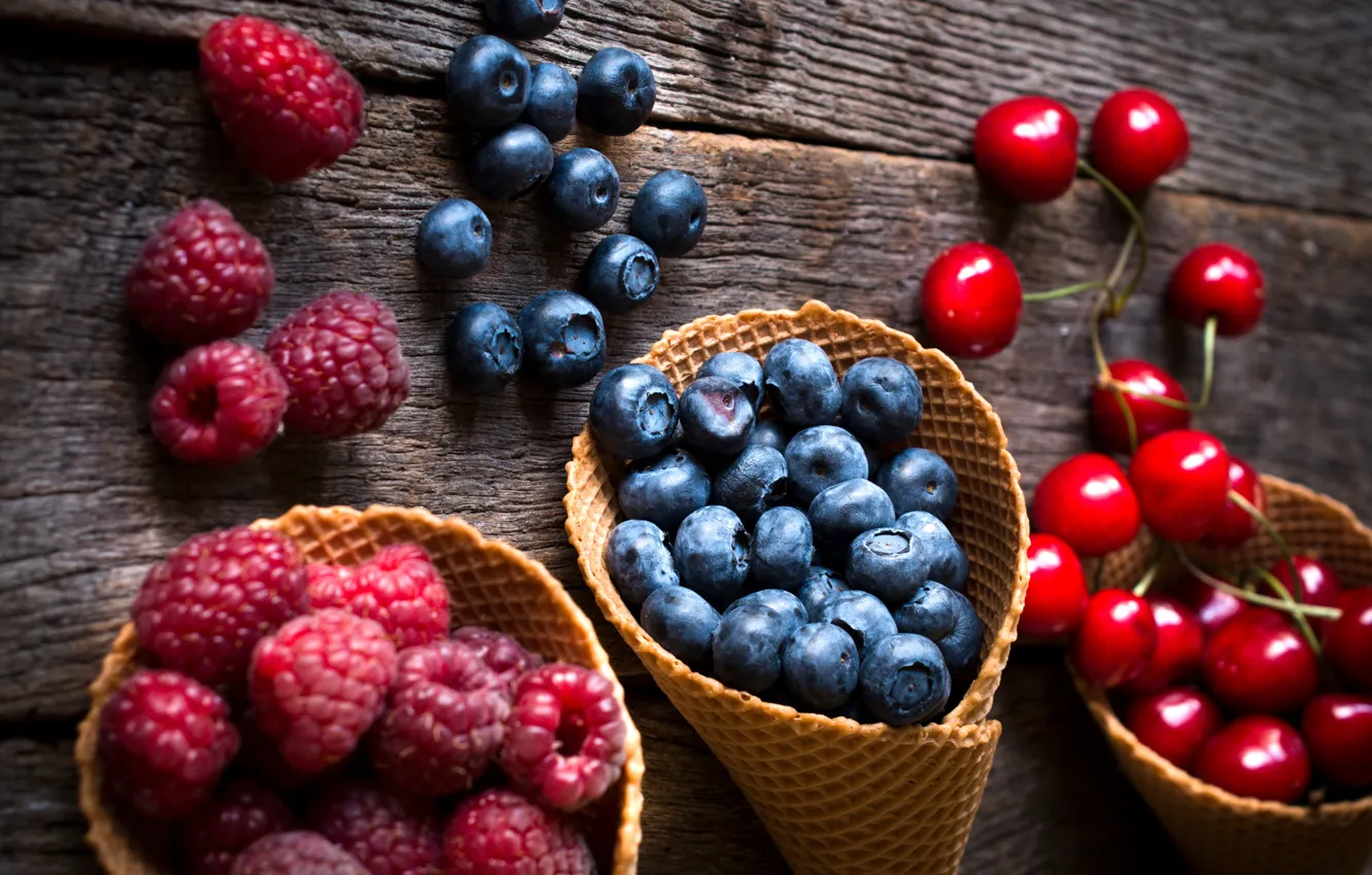 Photo wallpaper berries, raspberry, blueberries, strawberry, fresh, cherry, berries