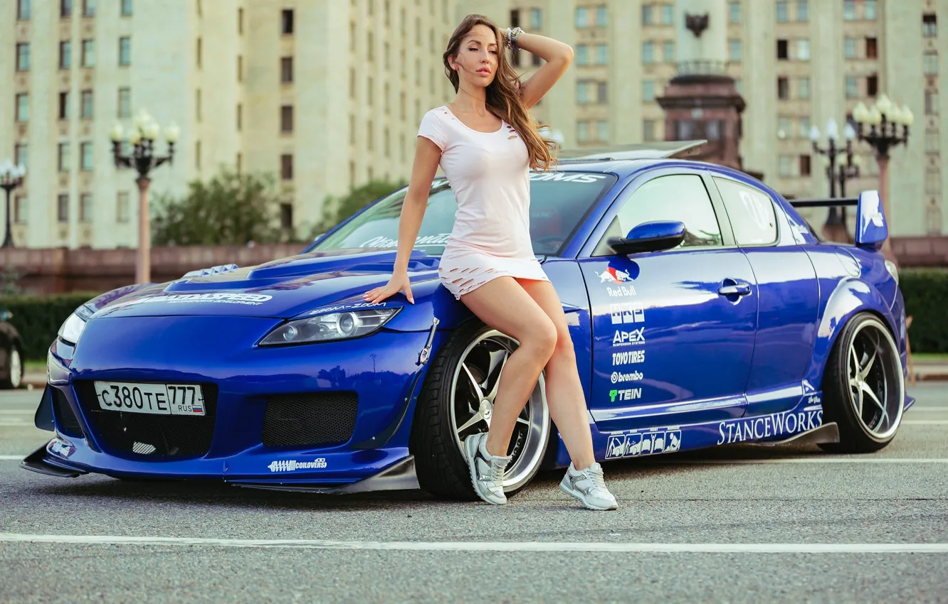 Photo wallpaper car, girl, dress, model, cute, sneakers, slim