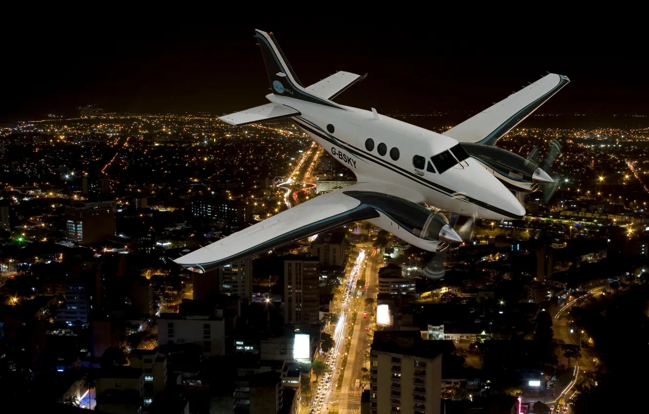 Photo wallpaper night, the city, lights, the airplane