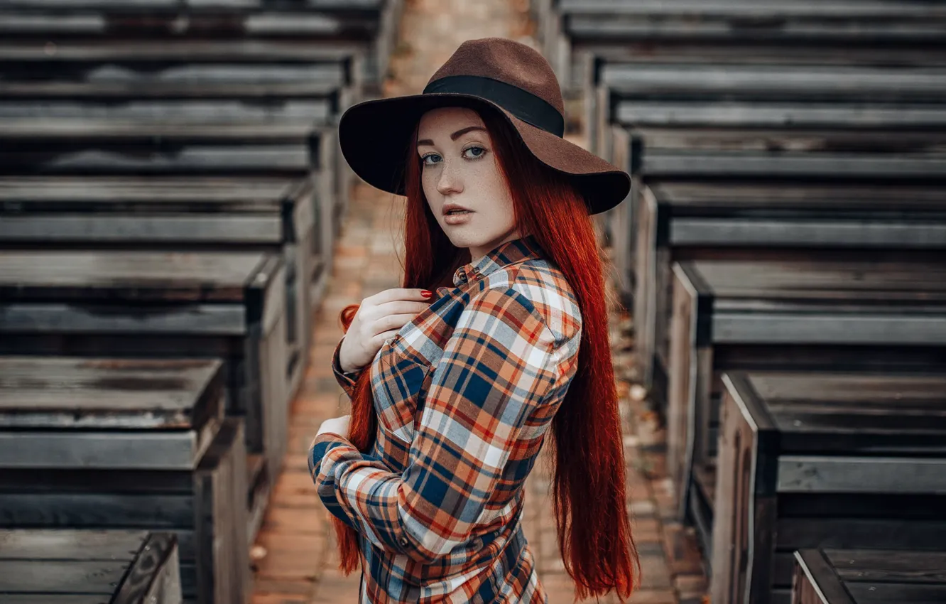 Photo wallpaper look, hat, freckles, red, redhead, long hair, Hakan Erenler, Victoria Belova