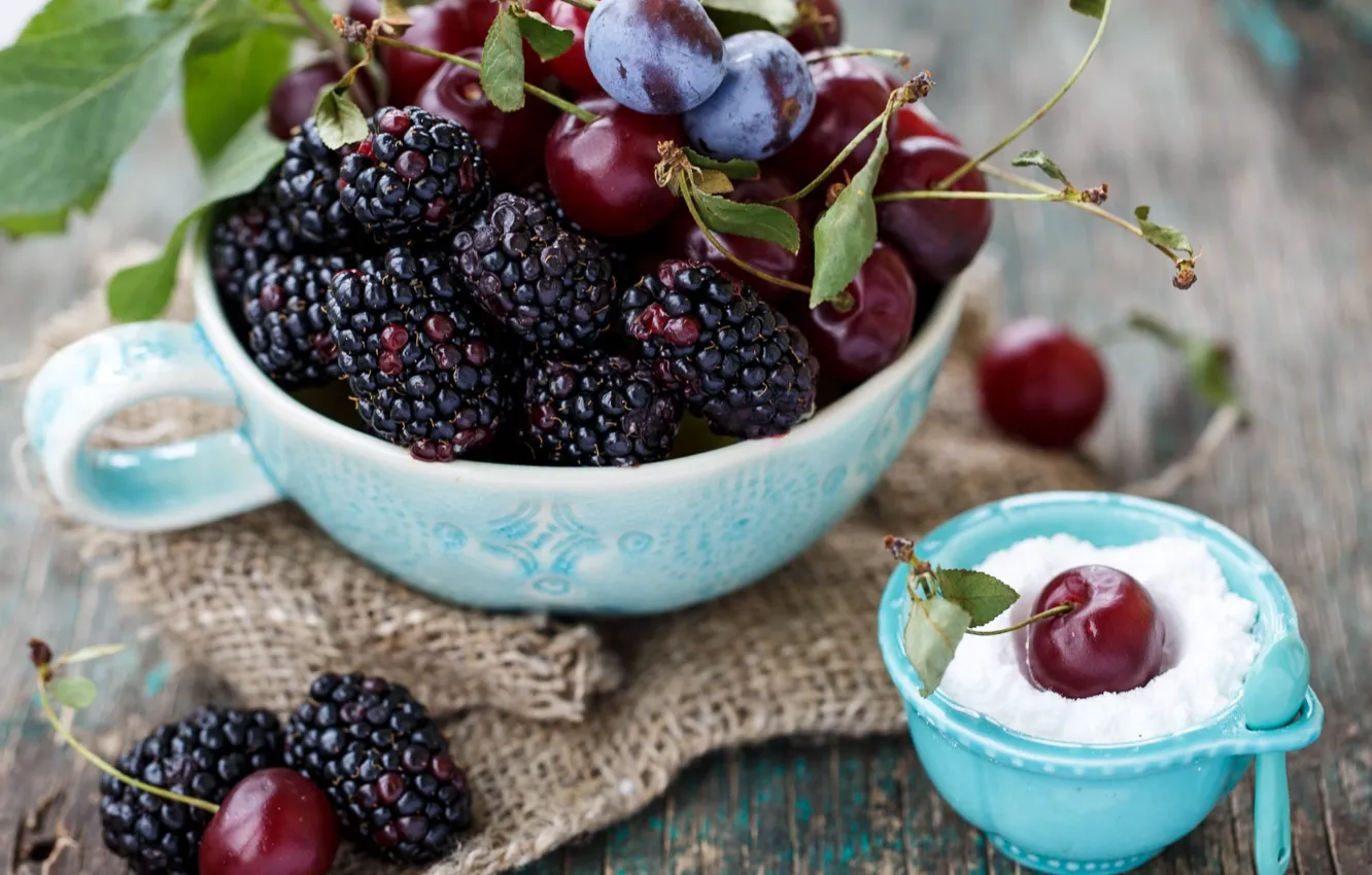 Photo wallpaper cherry, berries, fruit, powdered sugar, mulberry