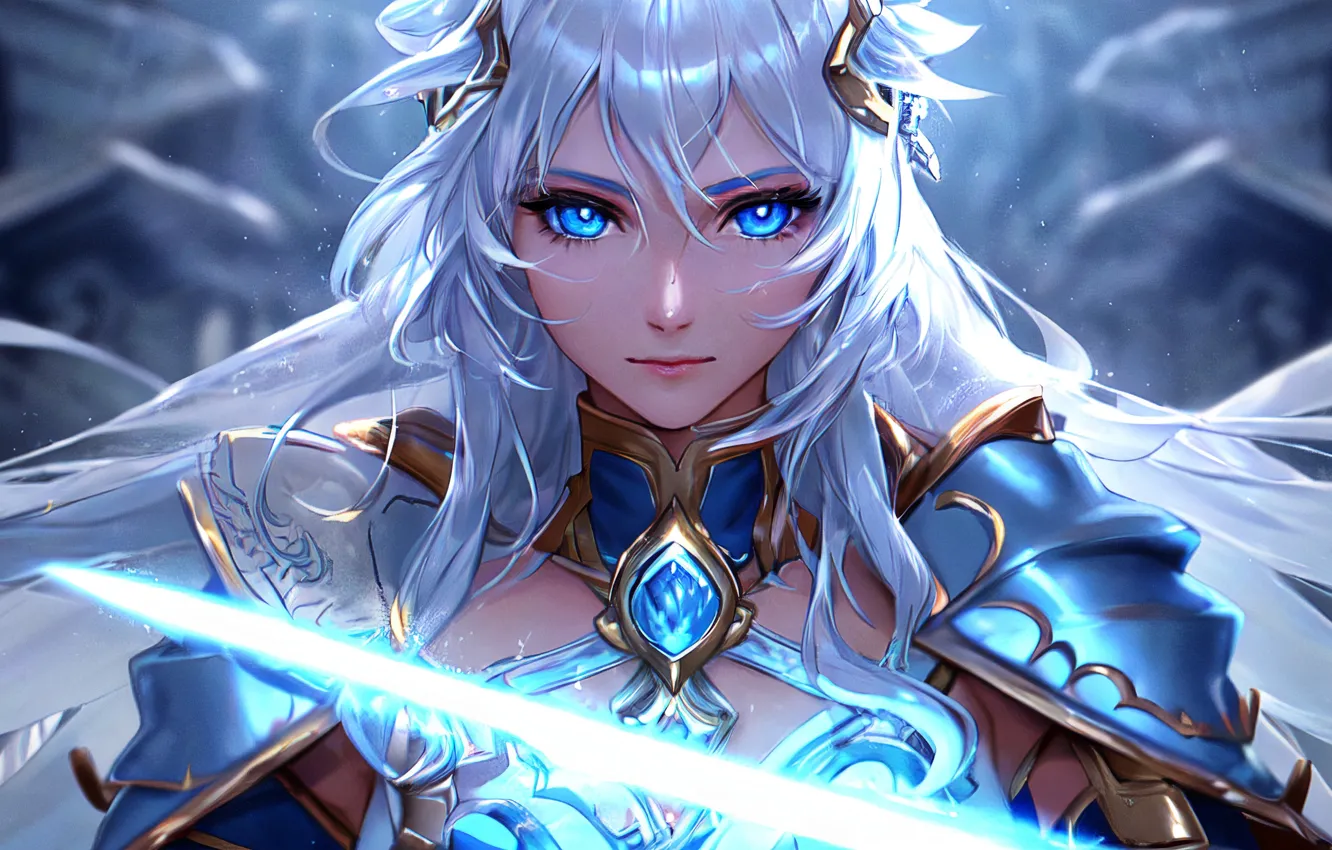 Photo wallpaper portrait, armor, blue eyes, beautiful girl, bokeh, digital art, artificial intelligence, Silver hair