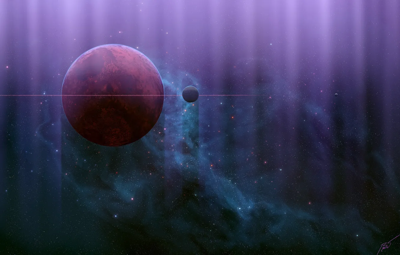 Photo wallpaper space, stars, light, nebula, fiction, planet, satellite, art