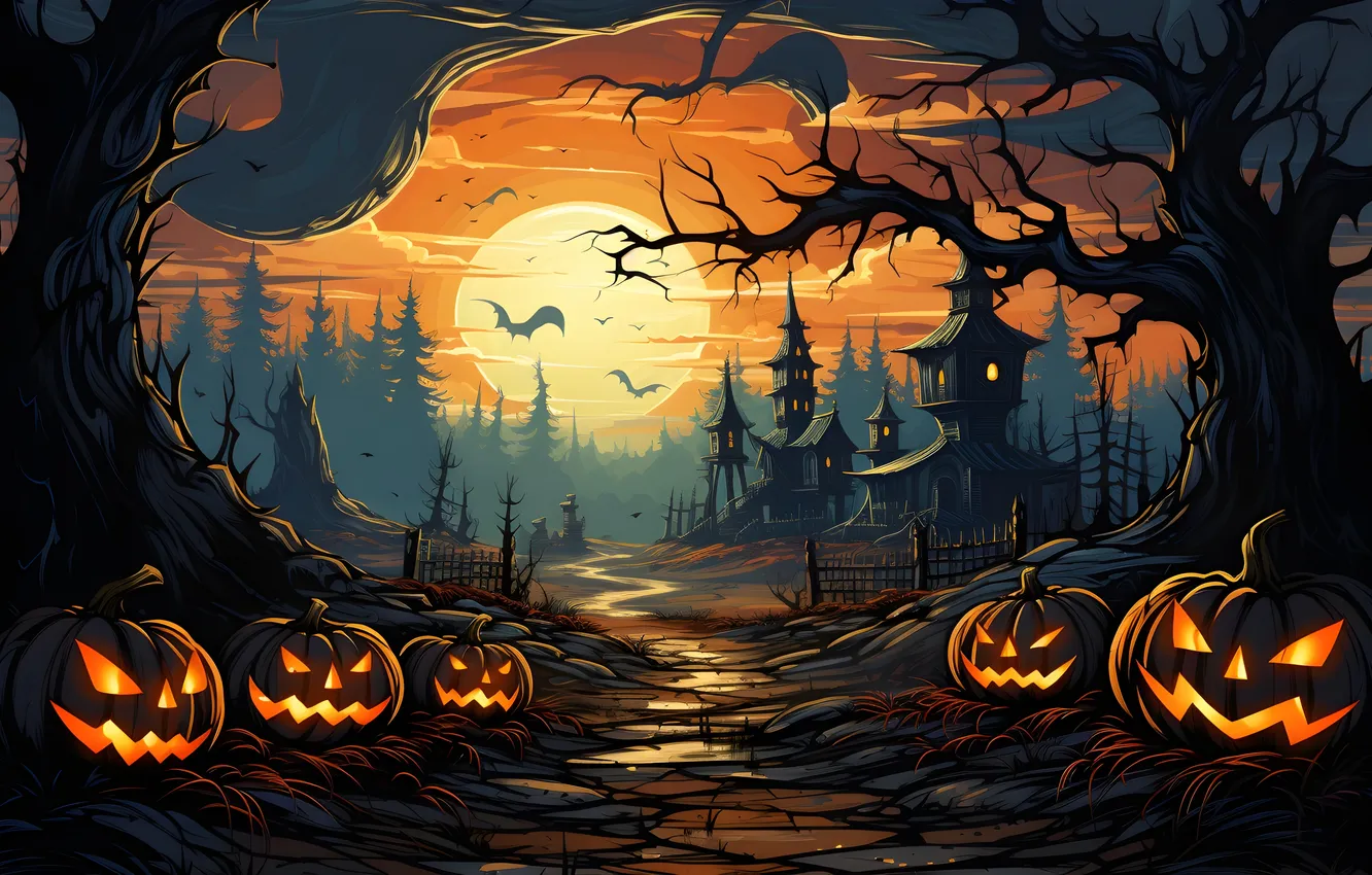 Photo wallpaper road, trees, night, clouds, lights, the moon, home, Halloween