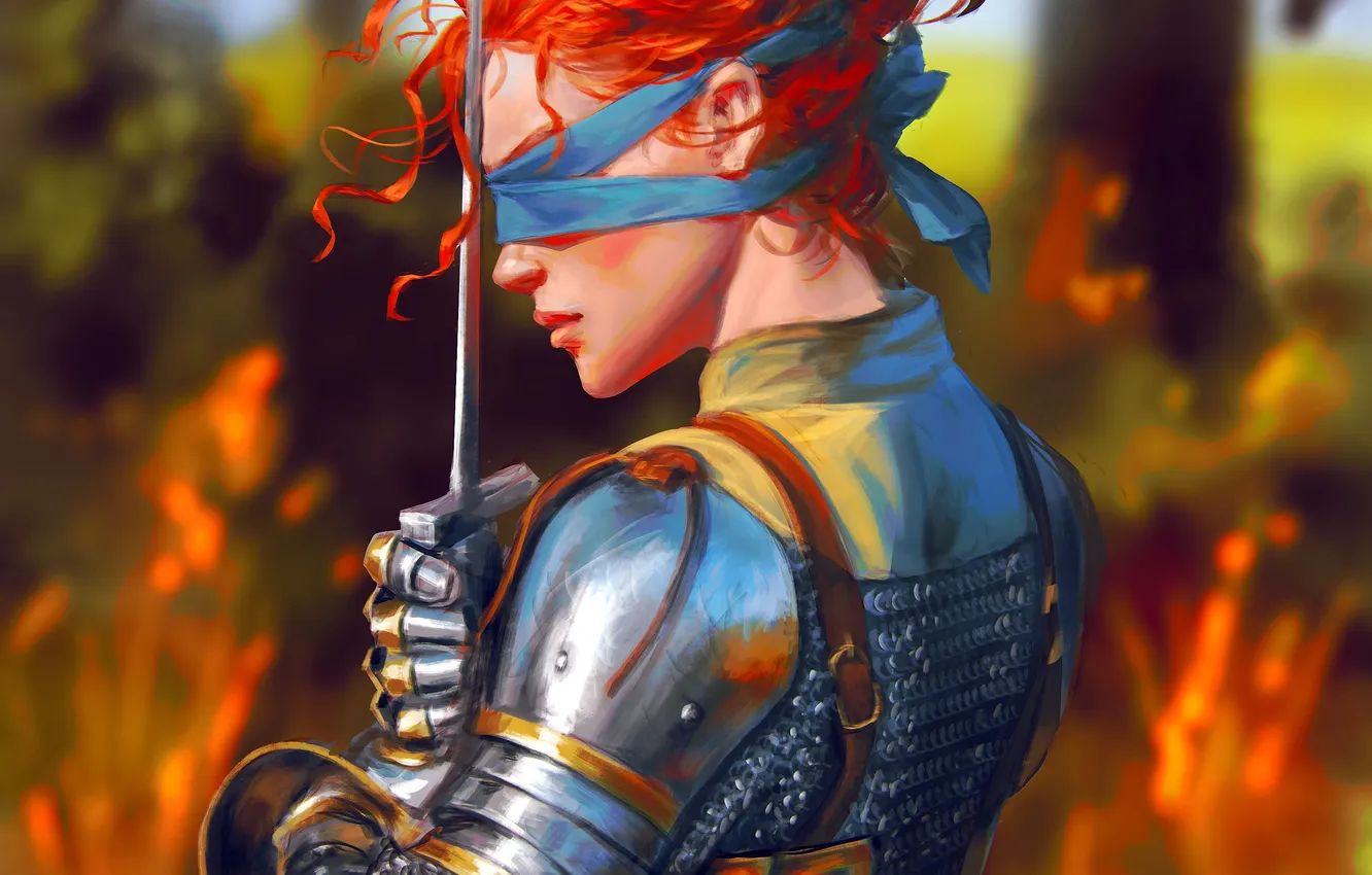 Photo wallpaper girl, sword, fantasy, armor, redhead, digital art, artwork, warrior