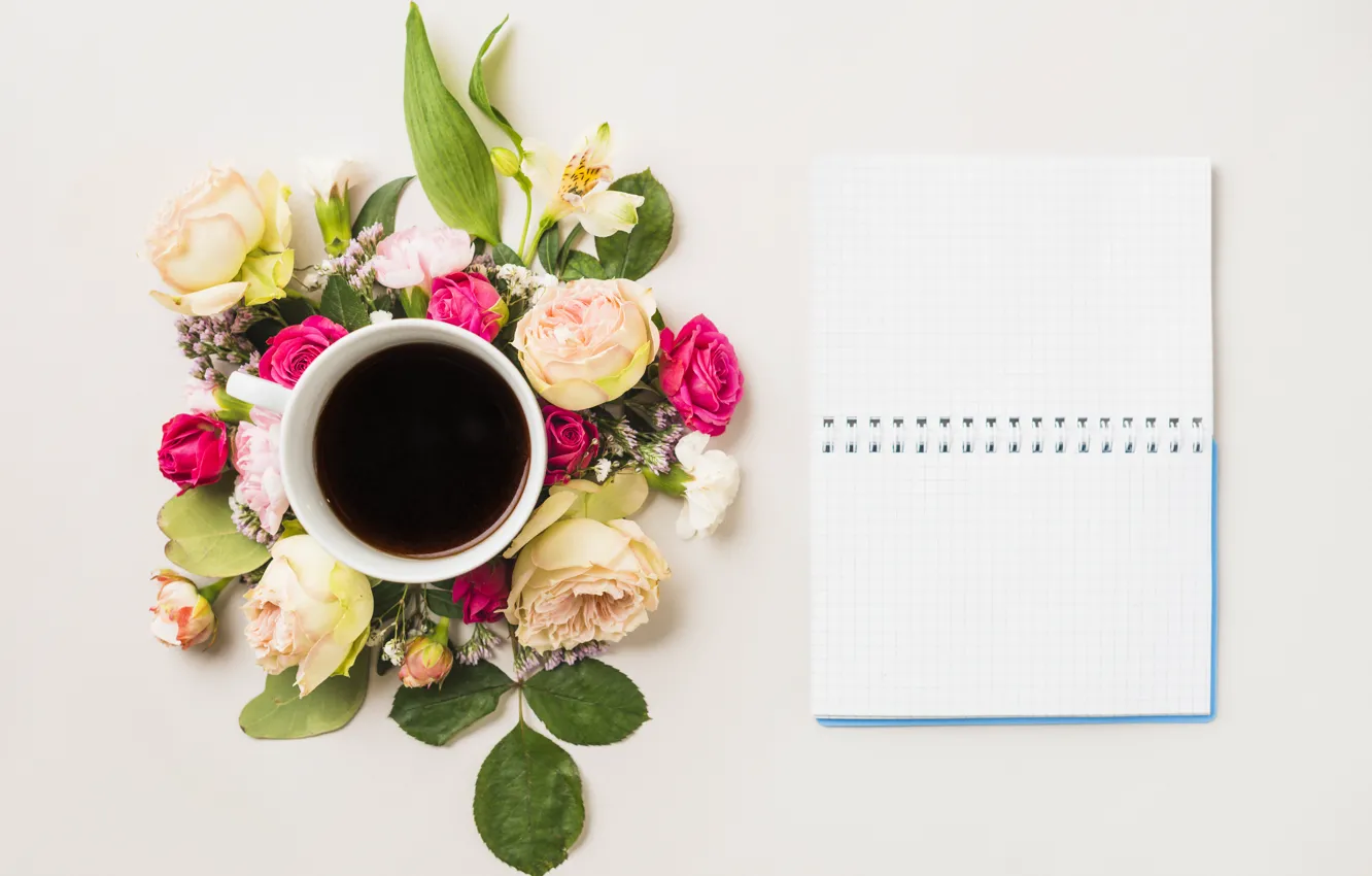 Photo wallpaper flowers, coffee, Notepad, flower, notebook, cup, coffee, composition