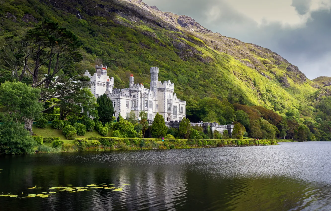 Photo wallpaper lake, mountain, Ireland, the monastery, Ireland, Kylemore Abbey, Lake Pollacappul, Pollacappul Lake