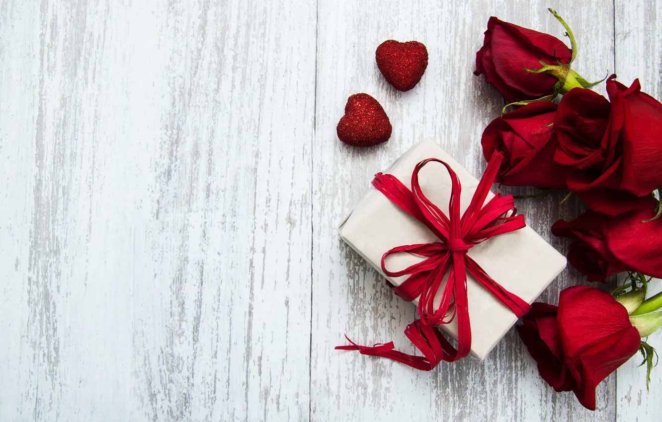 Photo wallpaper love, flowers, red, gift, roses, hearts, red, love
