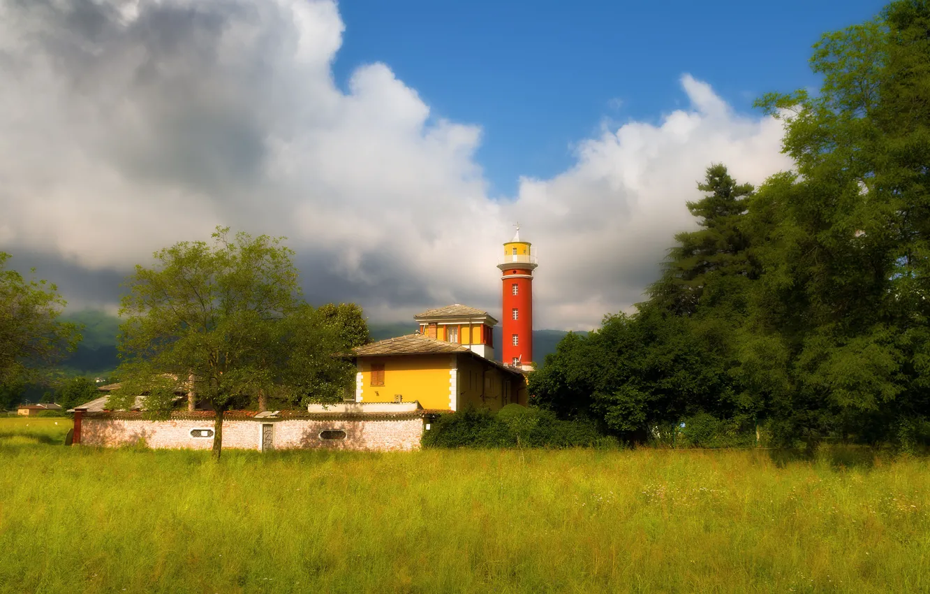 Photo wallpaper field, summer, the sky, grass, clouds, trees, red, blue