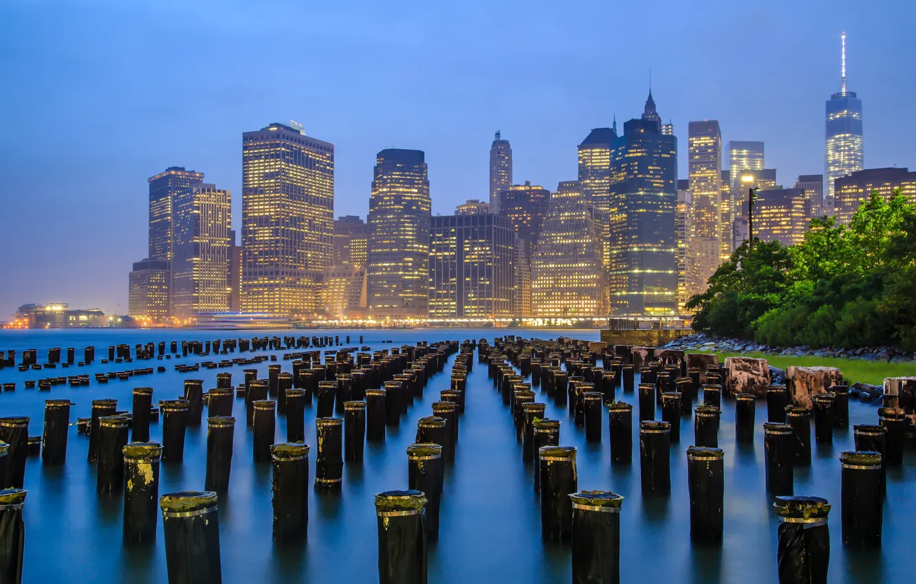 Photo wallpaper night, lights, home, New York, skyscrapers, USA, Manhattan