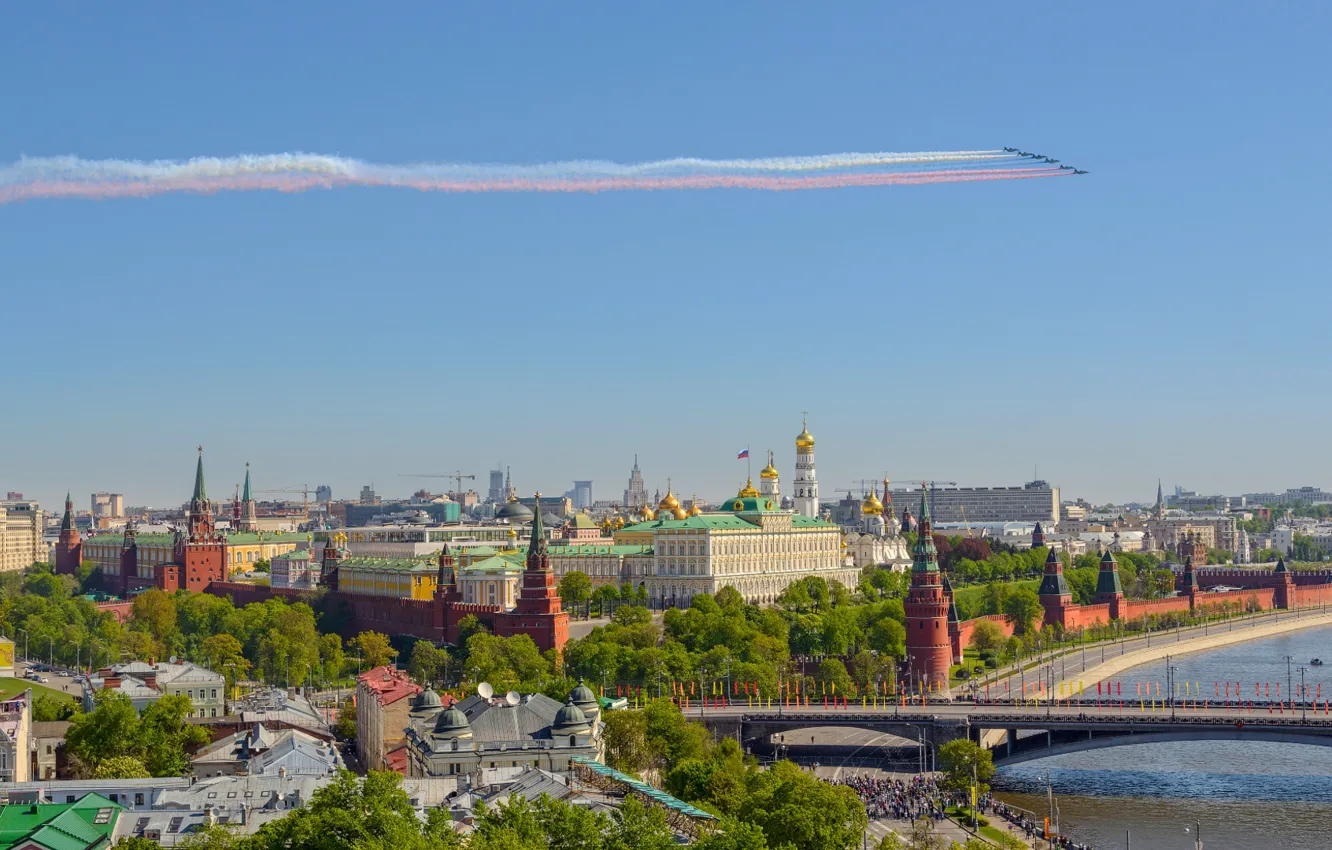 Photo wallpaper bridge, river, panorama, Moscow, The Kremlin, Russia, aircraft, The Moscow river
