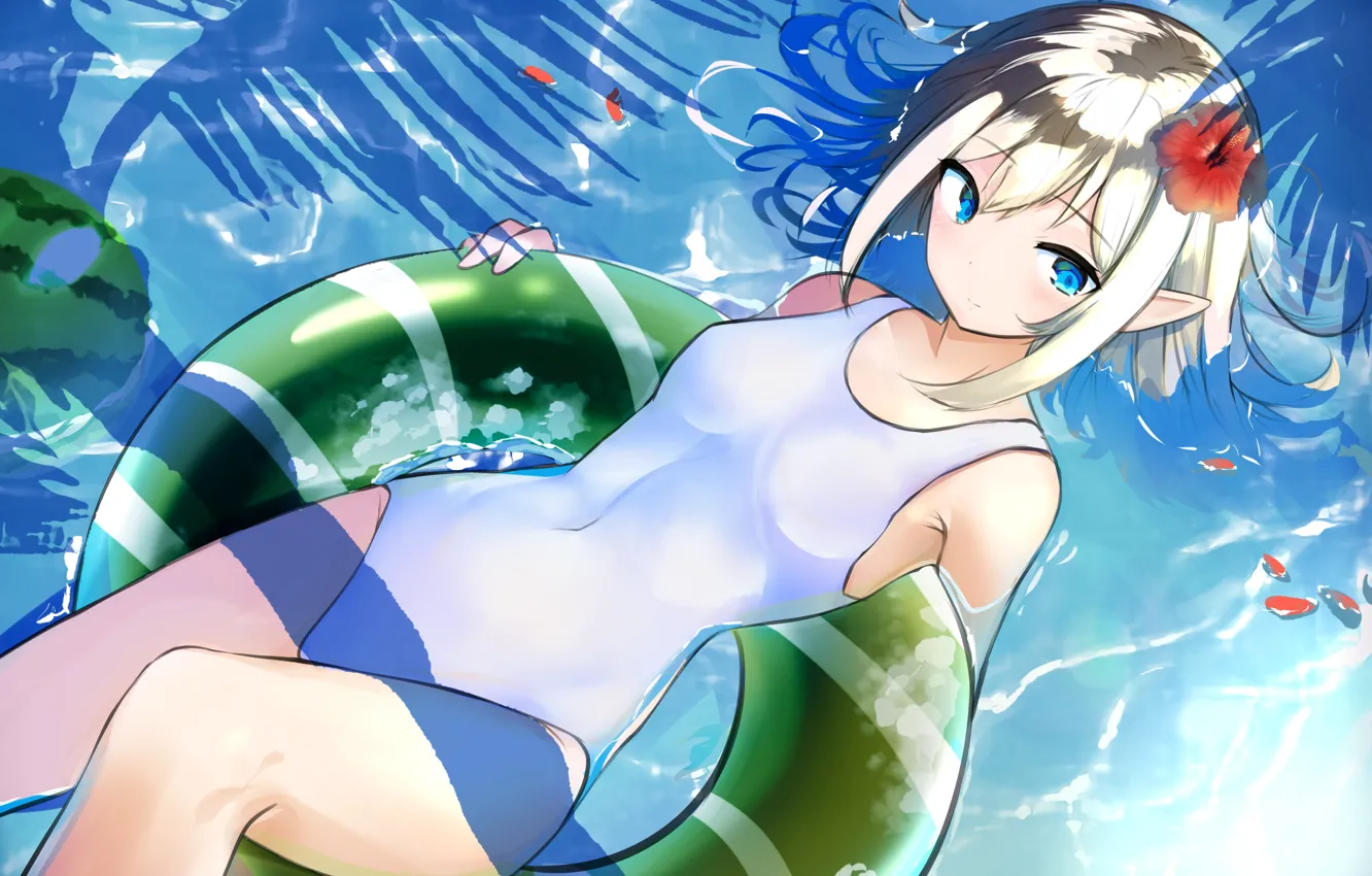 Photo wallpaper water, girl, Rubber ring