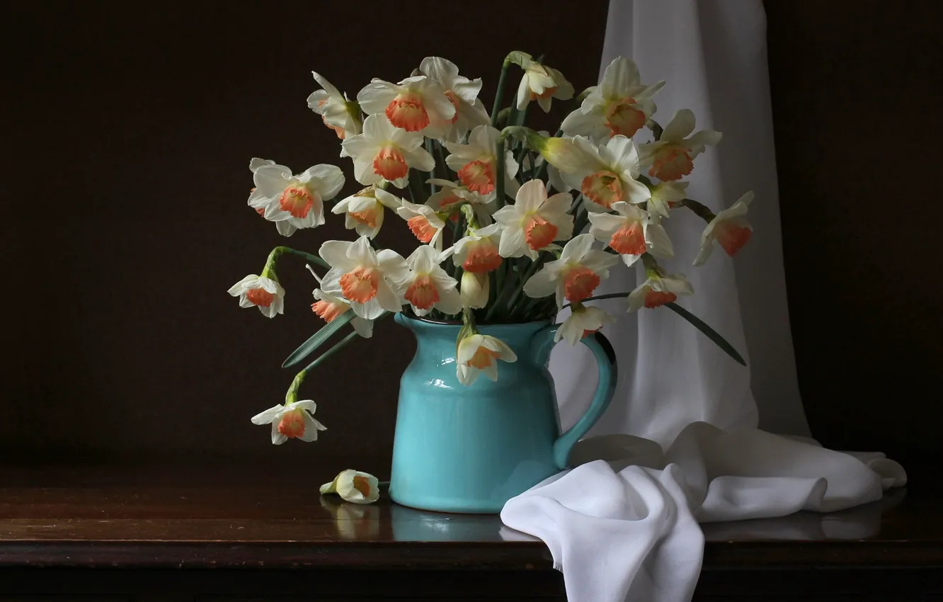 Photo wallpaper style, bouquet, fabric, pitcher, daffodils