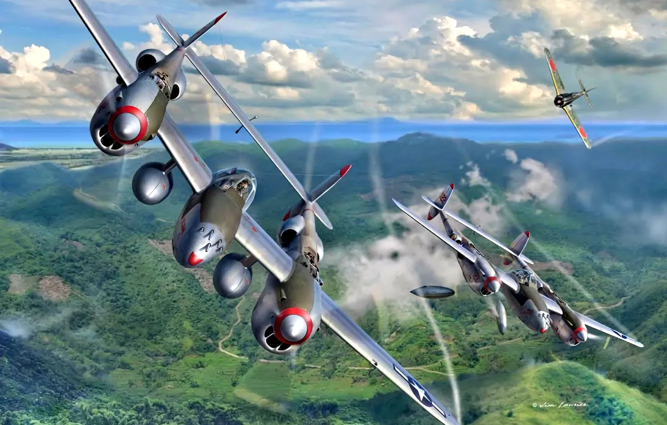 Photo wallpaper Lockheed, painting, Nakajima, WWII, P-38 Lightning, Ki-43, Fork-Tailed Devil, external fuel tank