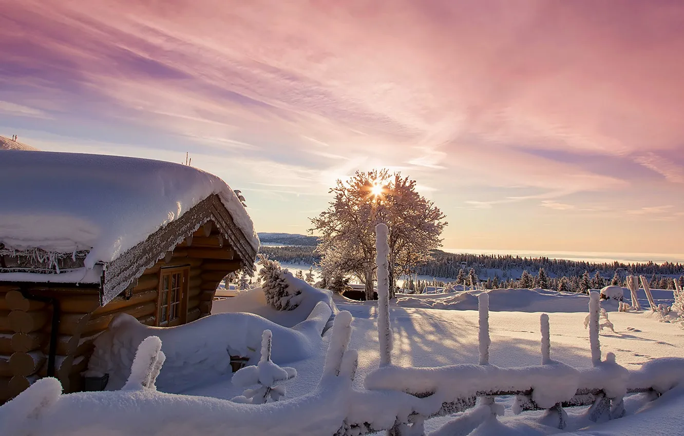 Photo wallpaper winter, the sky, snow, landscape, nature, home, house, white