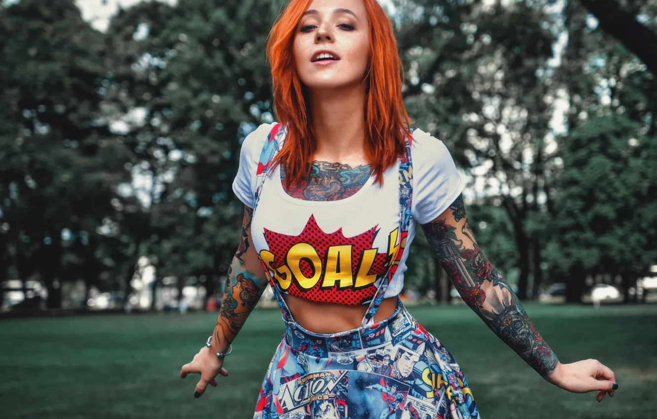Photo wallpaper Hot, Sexy, Tattoo, Red Hair, Skirts