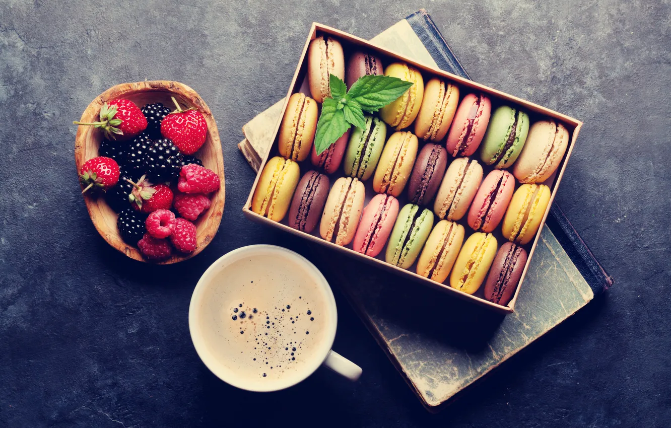 Photo wallpaper flowers, berries, gift, colorful, pink, flowers, coffee cup, macarons