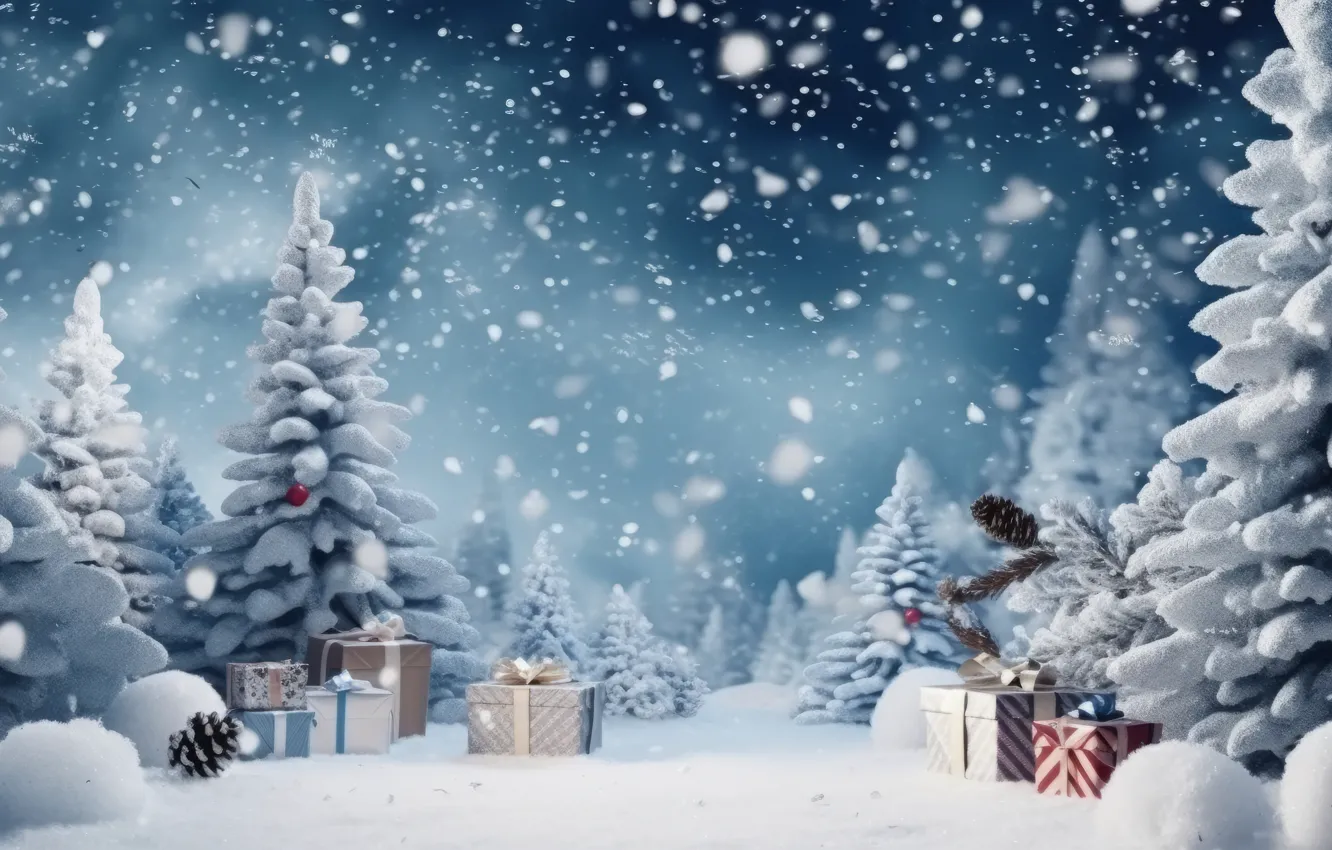 Photo wallpaper winter, frost, forest, snow, box, gift, tree, new year