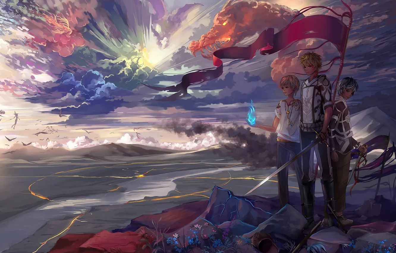 Photo wallpaper landscape, river, stones, weapons, magic, dragon, view, sword