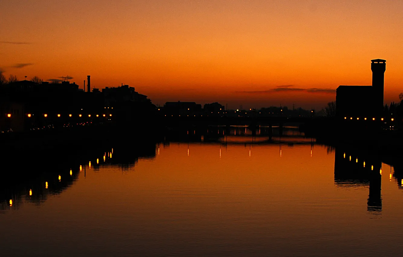 Photo wallpaper reflection, river, mirror, silhouette, Italy, Pisa, twilight, lamp posts of the city