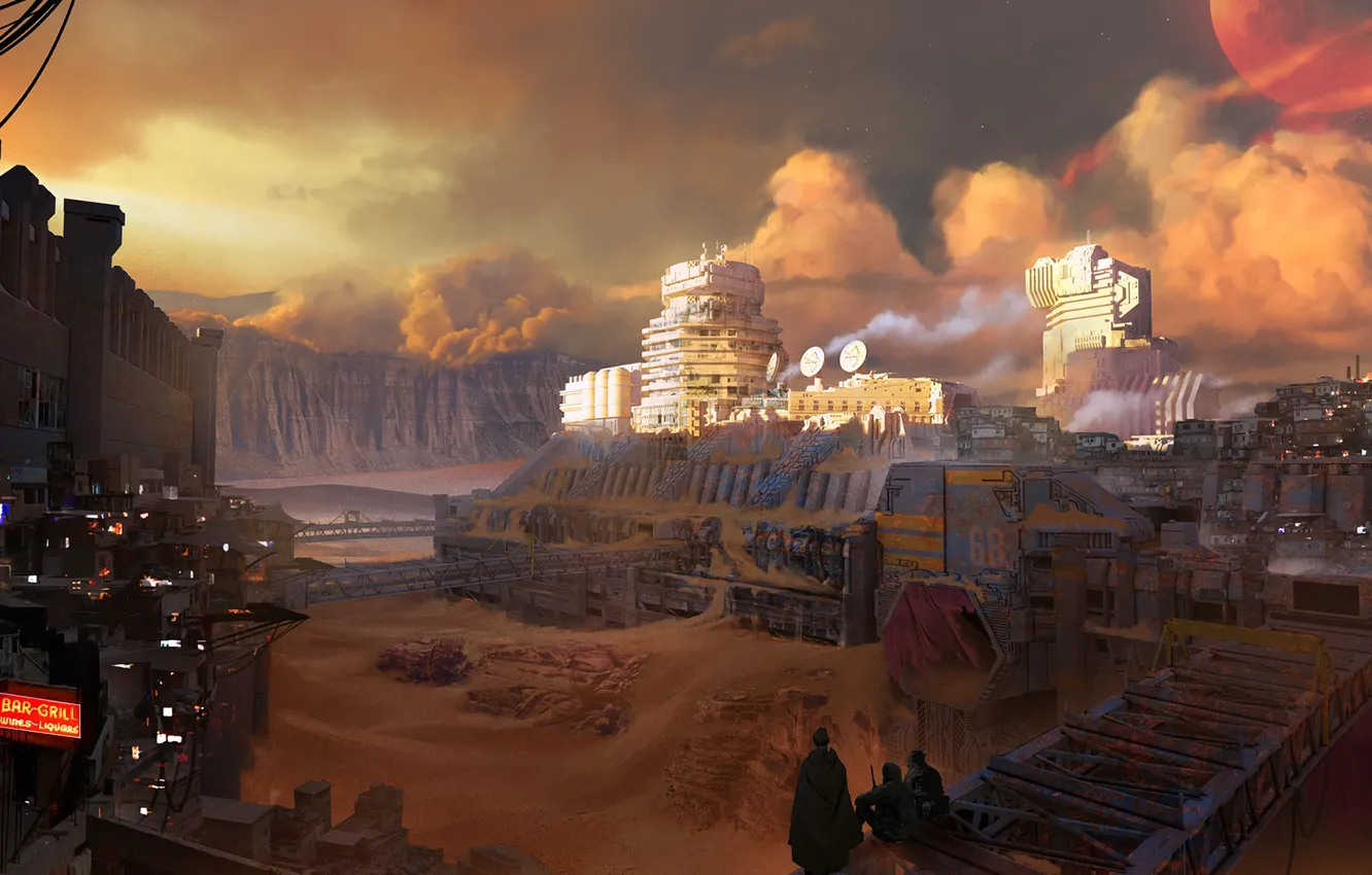 Photo wallpaper fantasy, sky, clouds, people, sand, planet, digital art, buildings