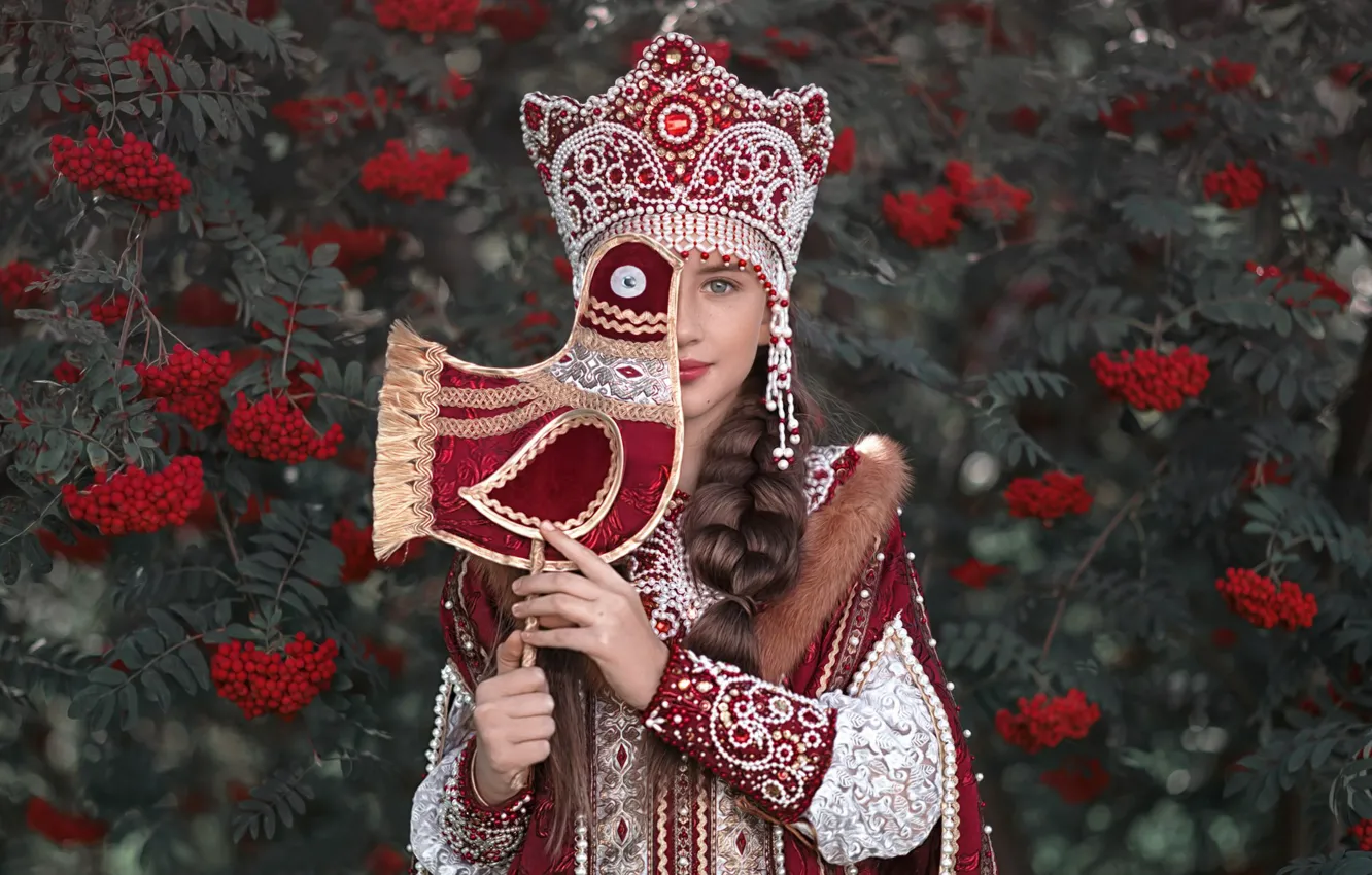 Photo wallpaper autumn, look, decoration, branches, pose, style, berries, bird