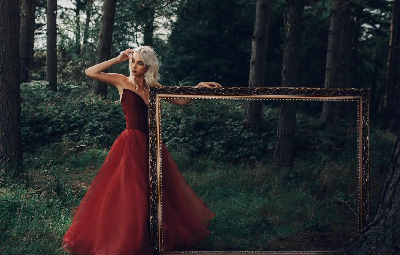 Photo wallpaper forest, girl, mood, frame, red dress