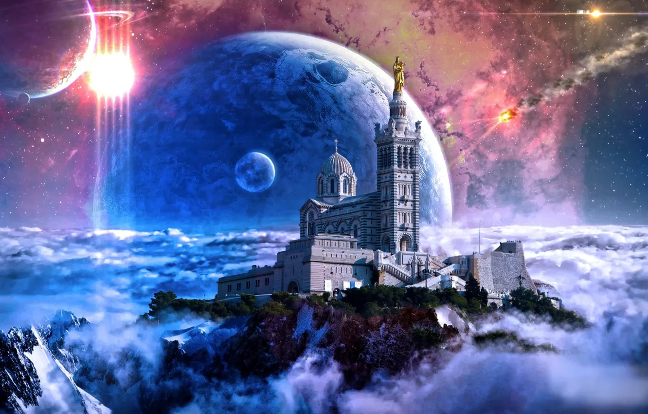 Photo wallpaper cathedral, art, Fiction, planets, statue
