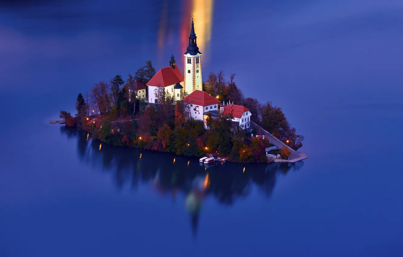 Photo wallpaper water, lake, island, Church, Slovenia, Lake Bled, Slovenia, Lake bled