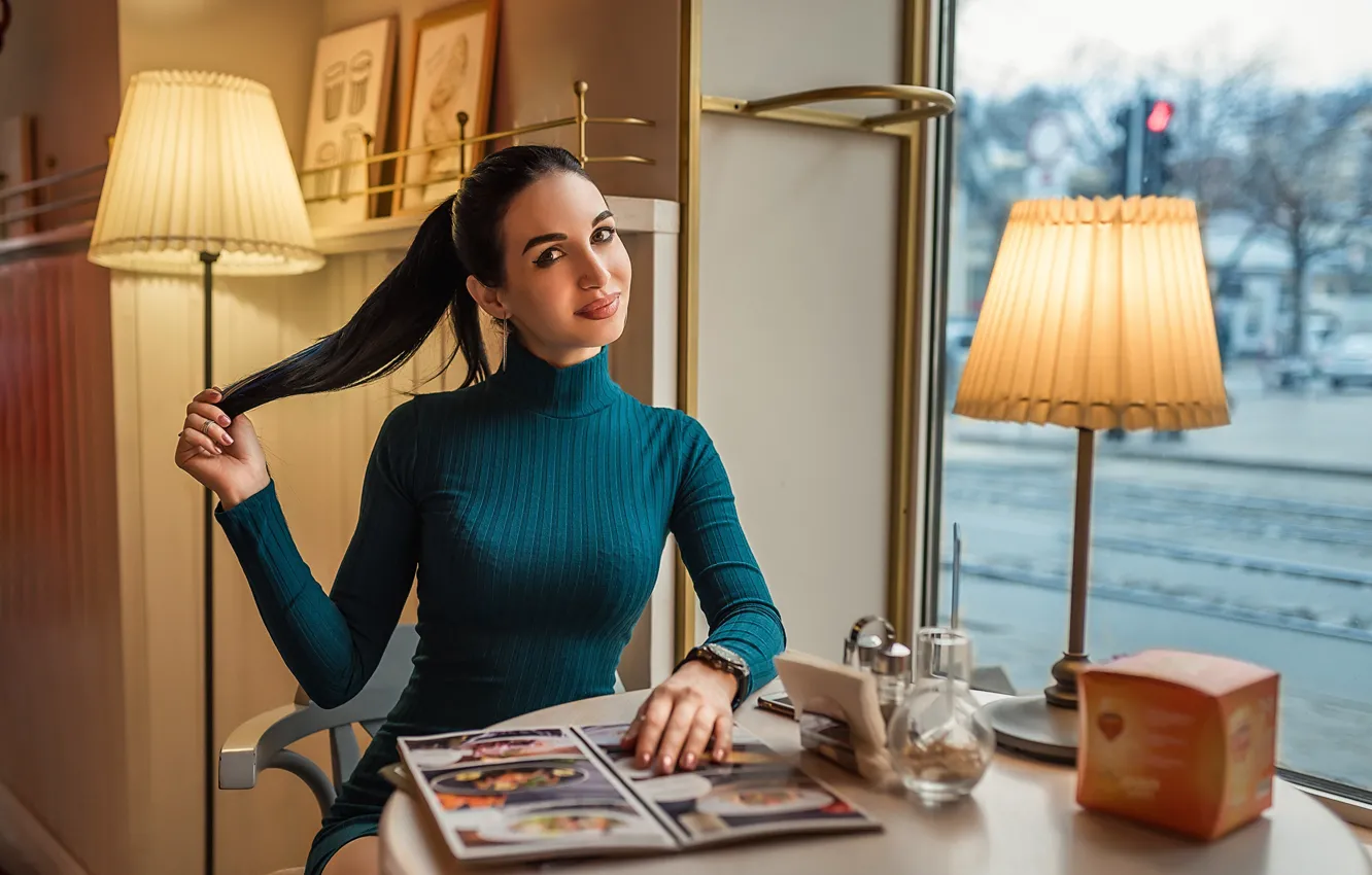 Photo wallpaper dress, brunette, look, table, sit, A Diakov George