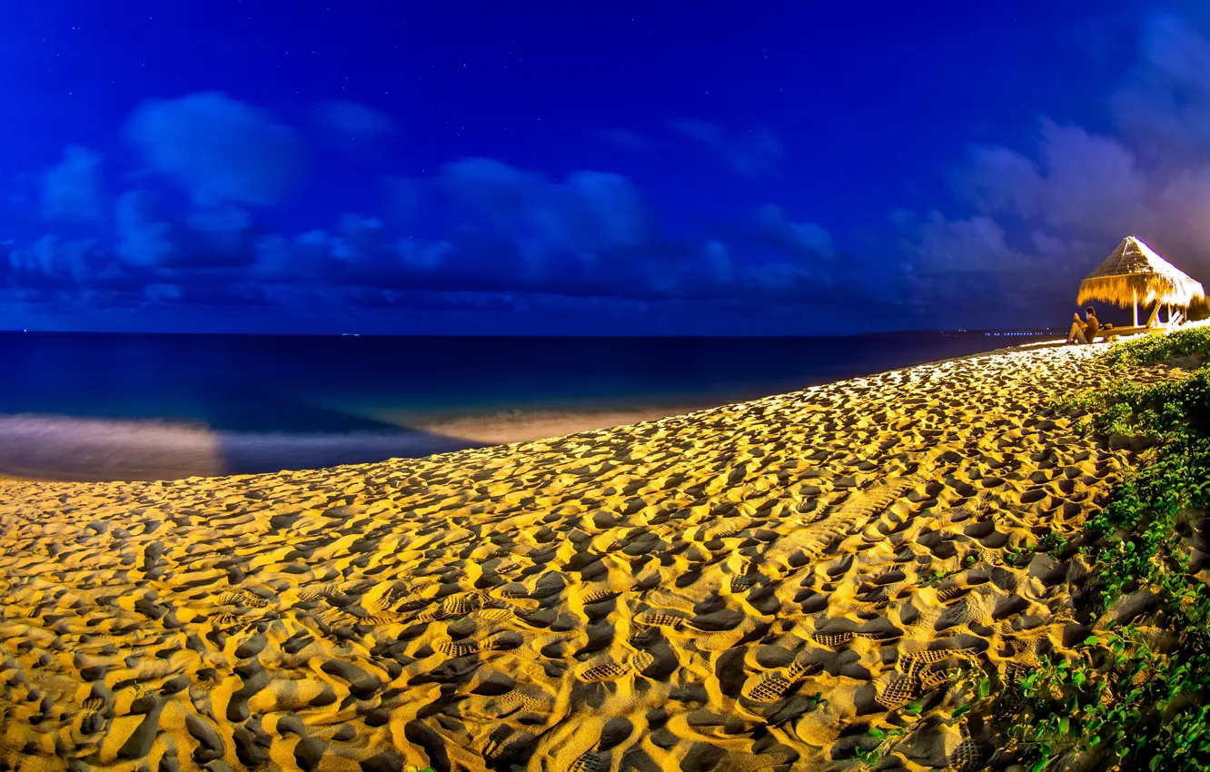 Photo wallpaper sea, night, traces, shore