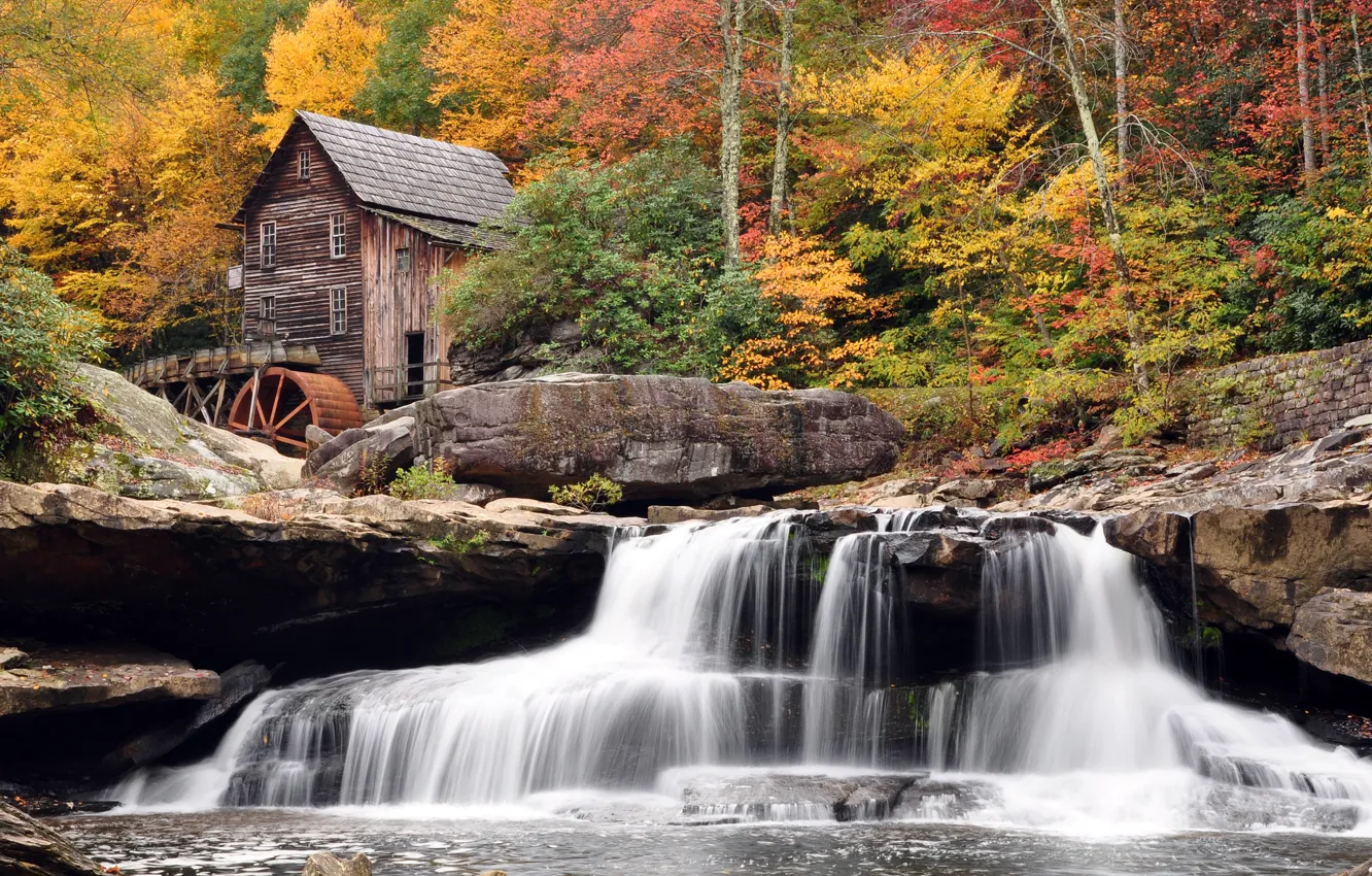 Photo wallpaper autumn, forest, waterfall, mill, Babcock State Park, West Virginia