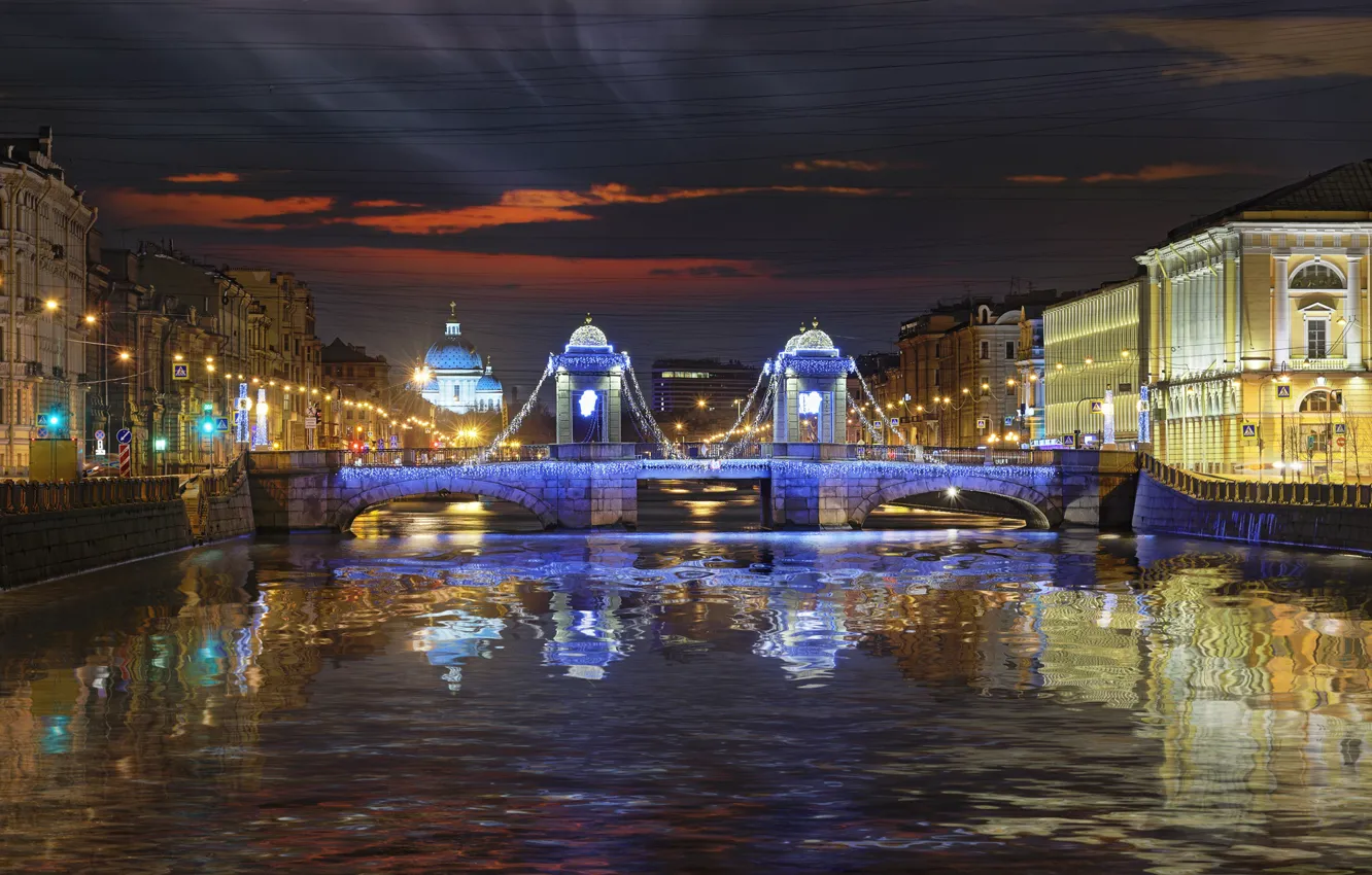 Photo wallpaper night, river, promenade, illumination, Ukraine, Fontanka, St. Petersburg, Lomonosov bridge