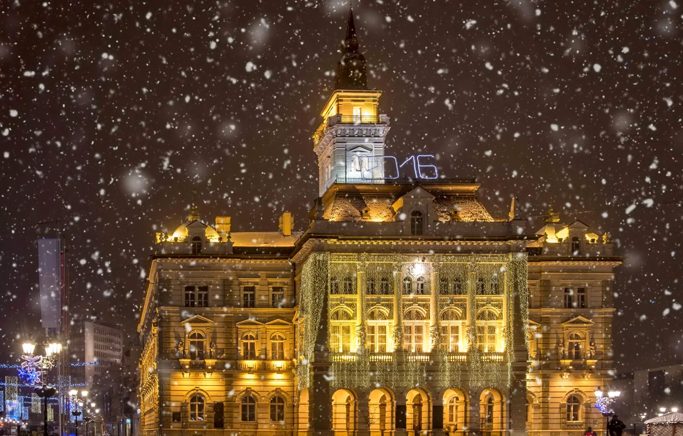 Photo wallpaper lights, Night, Lights, Snowflakes, garland, night, Serbia, Novi Sad