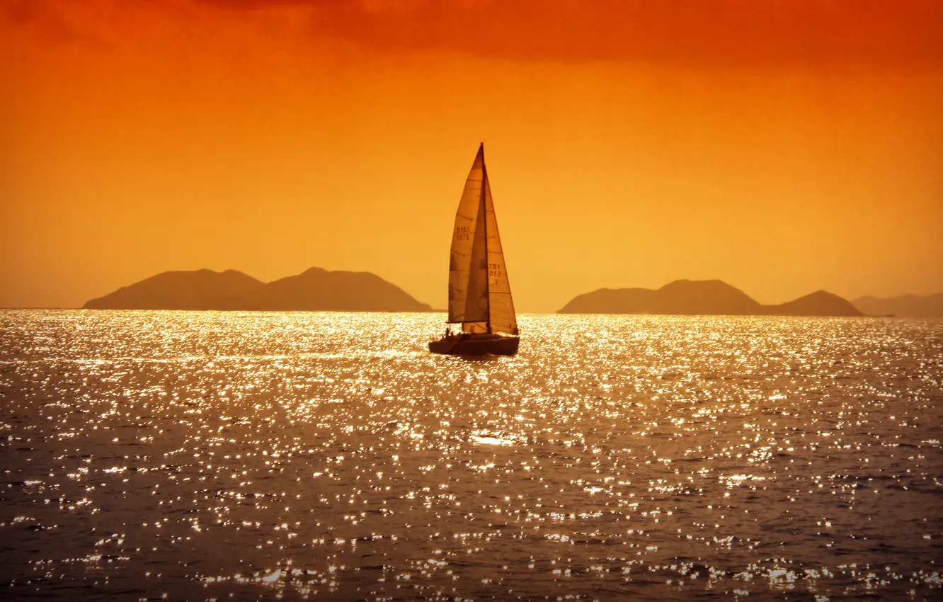 Photo wallpaper sea, Islands, sunset, reflection, the evening, yacht, sail, sunset